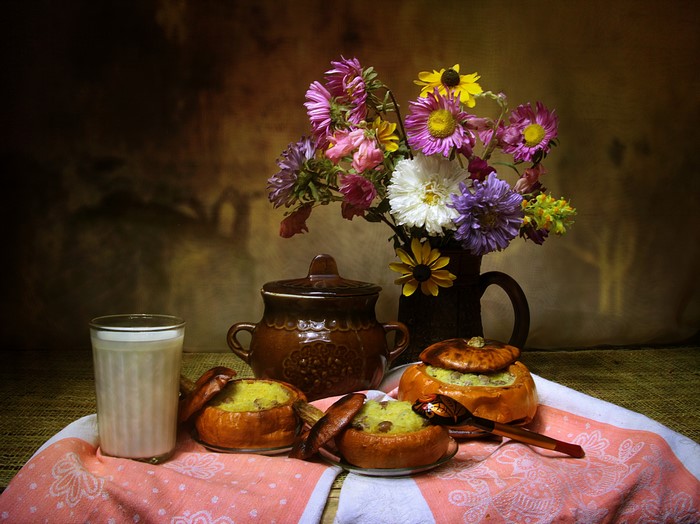 Still-life with asters, pumpkins, and milk