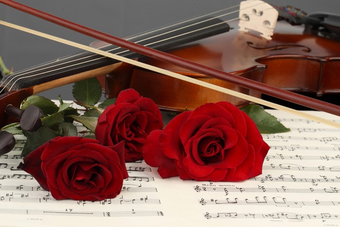Violin with Red Roses on Sheet Music
