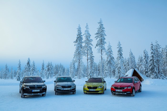 Four Skoda cars in a snowy forest