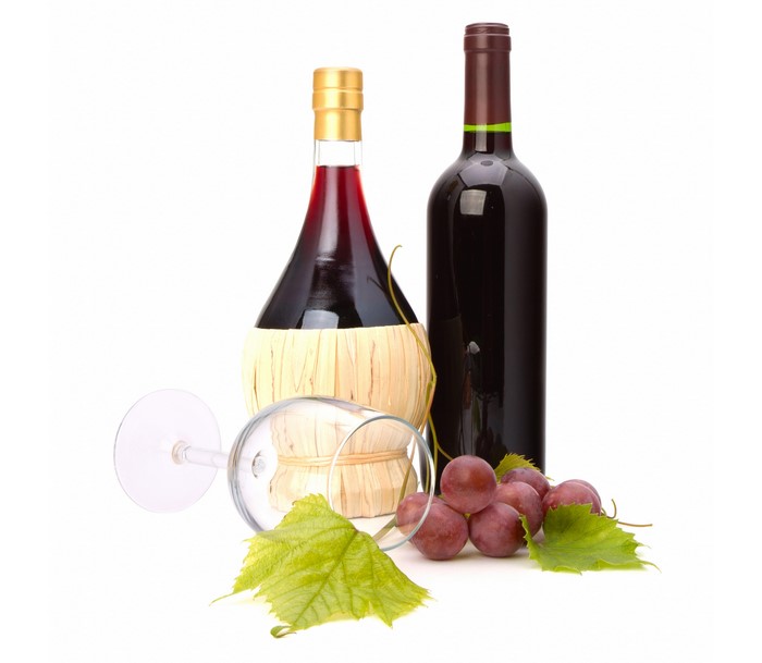 Red Wine Bottles, Grapes, and Wine Glass