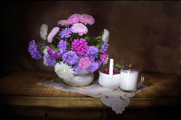 Still life with asters, milk, and raspberries