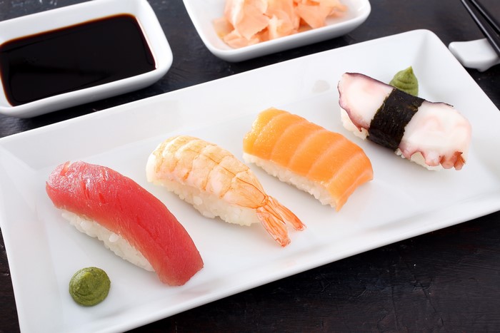Sushi Platter with Soy Sauce and Ginger