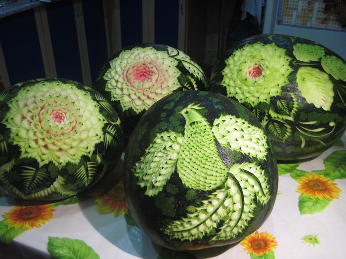 Carved Watermelons with Floral and Bird Designs