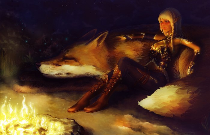 Elf Girl and Fox by Bonfire at Night