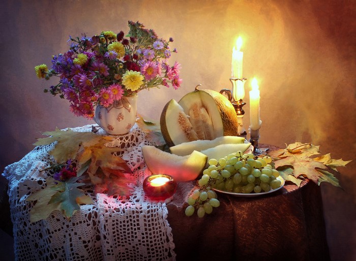 Cozy Still Life with Flowers, Melons, and Candles