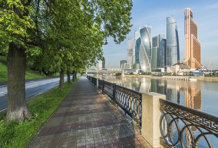 Moscow City Skyscrapers Waterfront Pavement Fence