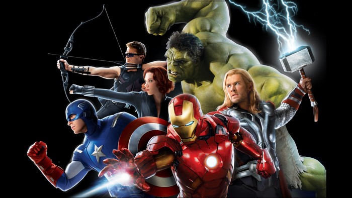 The Avengers (2012 film) with Iron Man, Thor, Hulk, Captain America, Hawkeye, and Black Widow