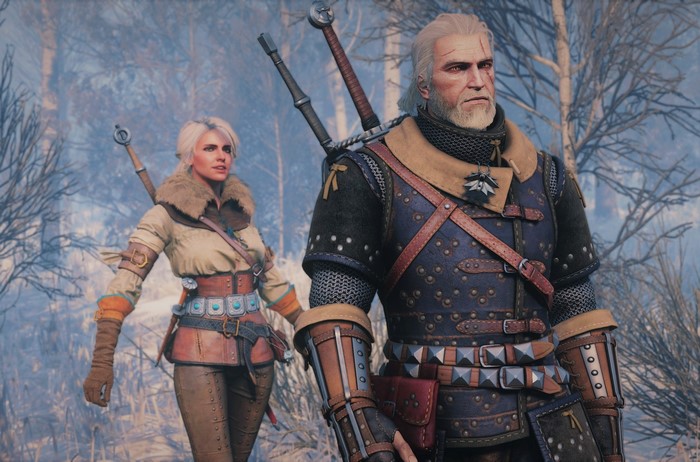 Geralt and Ciri from The Witcher 3: Wild Hunt in a forest