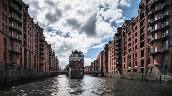 Speicherstadt warehouses along a canal in Hamburg, Germany