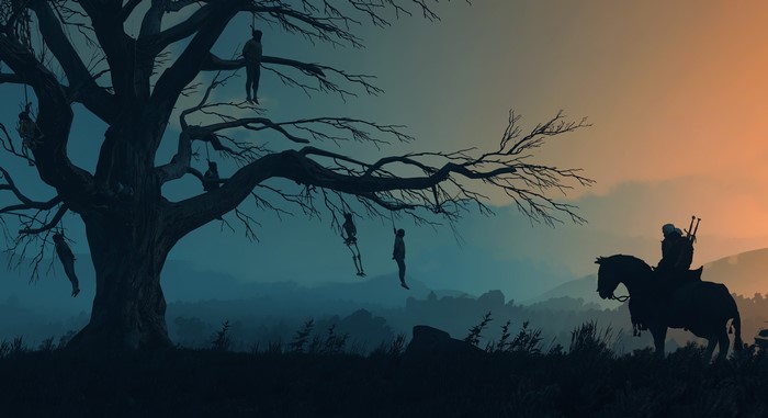 Geralt from The Witcher 3: Wild Hunt on horseback near a gallows tree
