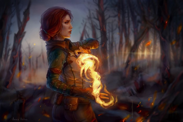 Triss Merigold from The Witcher 3 casting fire magic