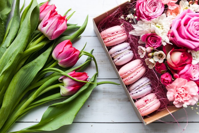 Pink Tulips and Macarons in a Box with Flowers