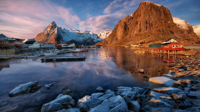 4K Lofoten Norway Bay with Mountains and Village