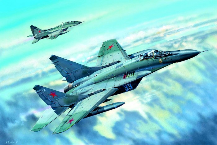 Two Mikoyan MiG-29 fighter jets in flight