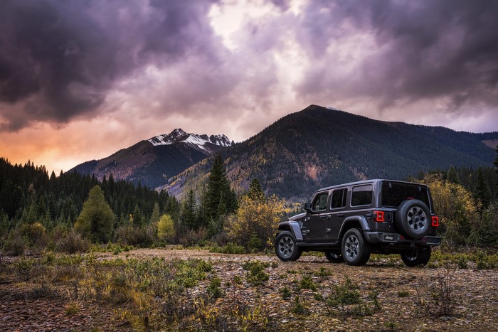 Jeep Wrangler Sahara parked on a mountain road