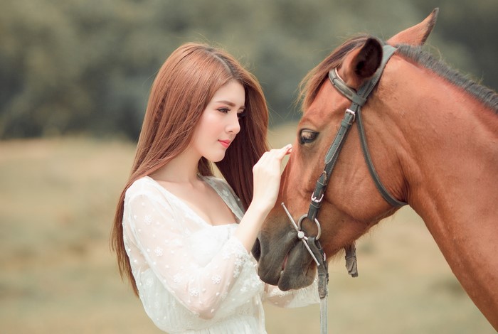 4K Close-up of Woman with Brown Horse