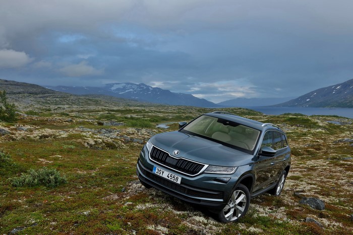 Skoda Kodiaq SUV in a rocky, mountainous landscape