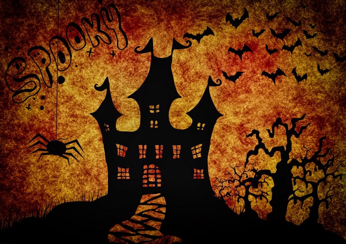 Halloween Spooky Castle with Bats and Spider