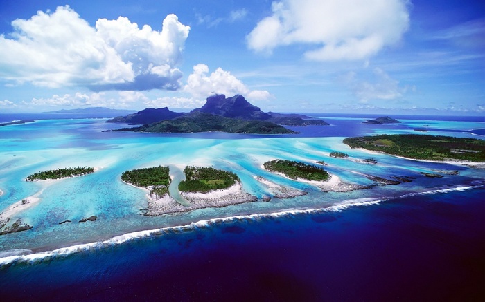 Aerial view of Bora Bora islands and turquoise lagoon