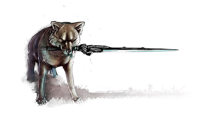 Sif the Great Grey Wolf from Dark Souls holding a sword
