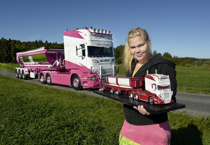 4K Scania Truck with Blonde Girl Holding Model
