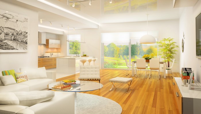 Modern living room and kitchen with large windows