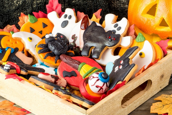 Halloween Cookies in a Wooden Tray