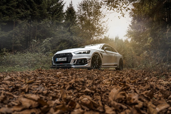 White ABT RS5-R Coupe on Forest Road with Foliage