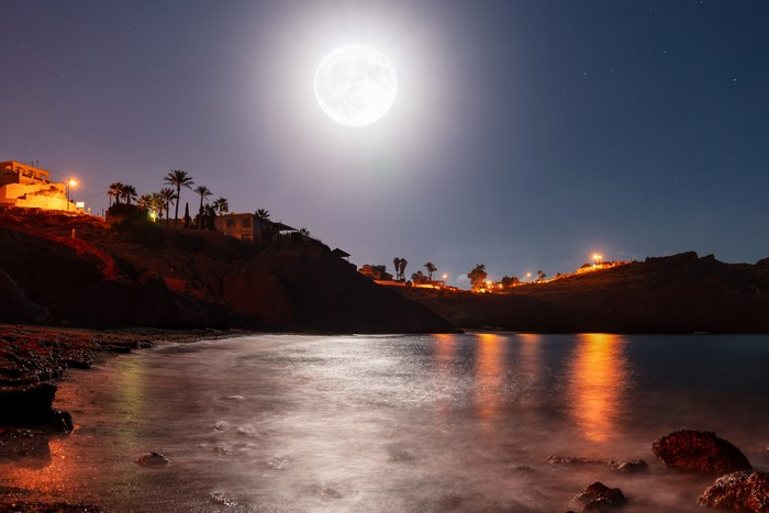 Full moon over Bolnuevo bay at night