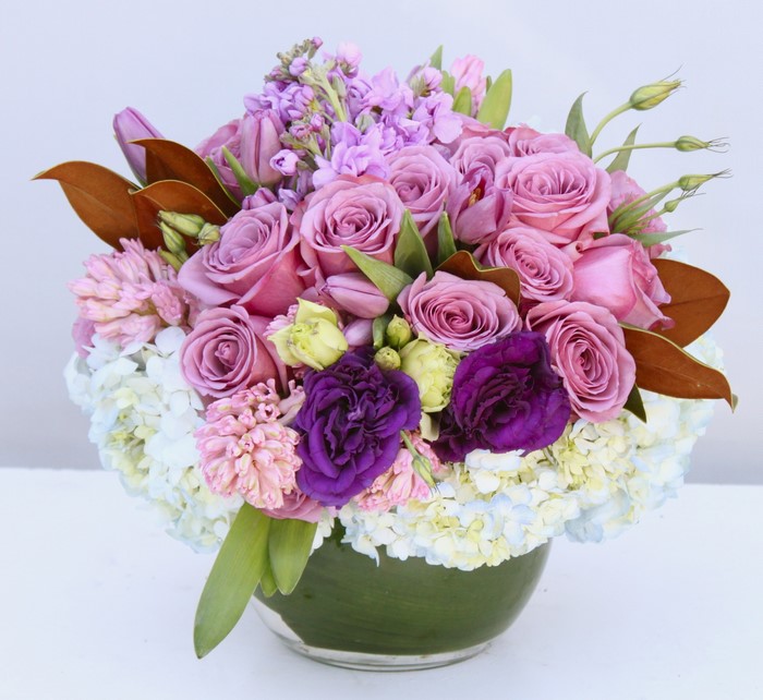 Pink Roses, Purple Eustoma, and Hydrangea Flower Arrangement