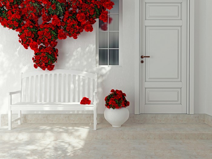 4K Red Roses with White Bench and Vase