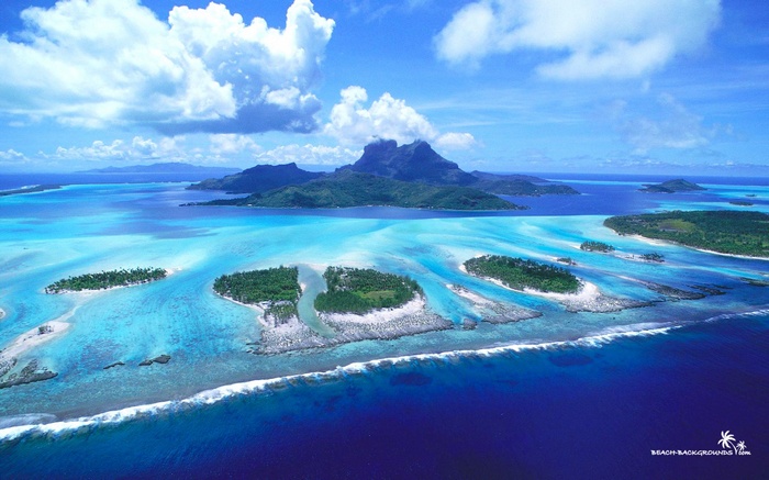Aerial view of Bora Bora islands and turquoise lagoon