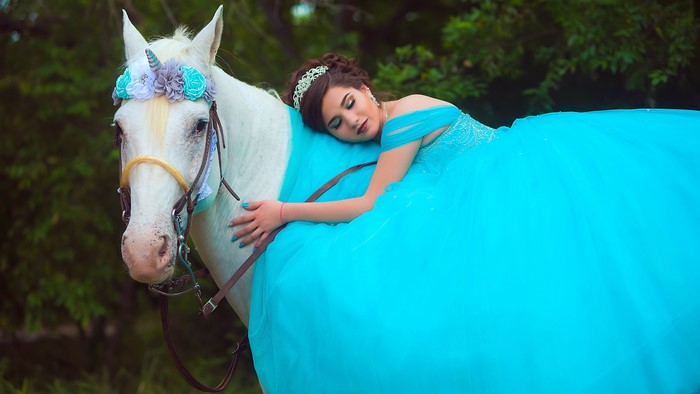 Girl in blue dress with unicorn horse