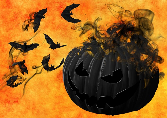 Black pumpkin with bats and smoke on orange background