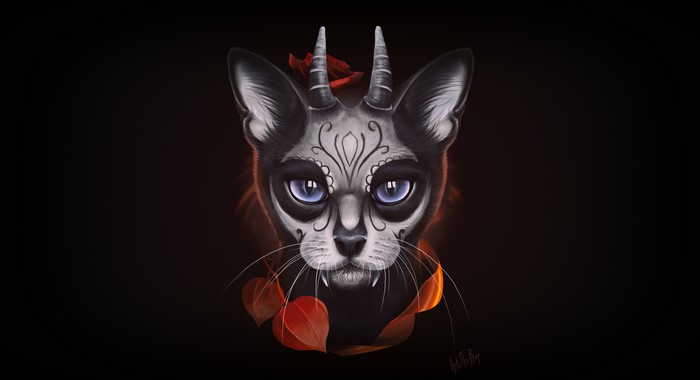 Cat with horns and sugar skull face