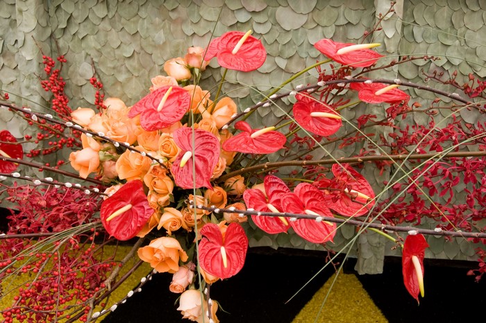 Anthurium and Roses floral arrangement with berries and branches