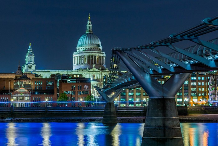 St Paul's Cathedral and Millennium Bridge at night, London