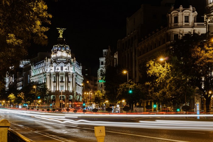 Metropolis Building at Night in Madrid, Spain