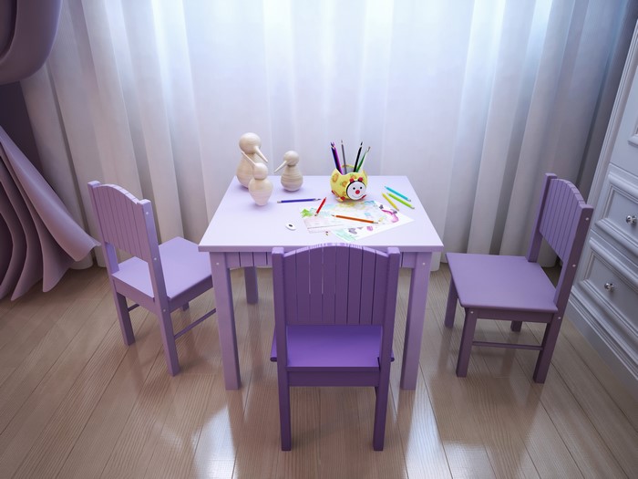 Children's purple table and chairs with art supplies