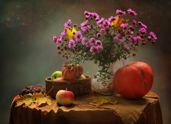 Still-life with asters, pumpkin, and apples