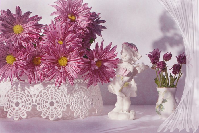 Pink Chrysanthemums in a Lace Basket with Angel Figurine