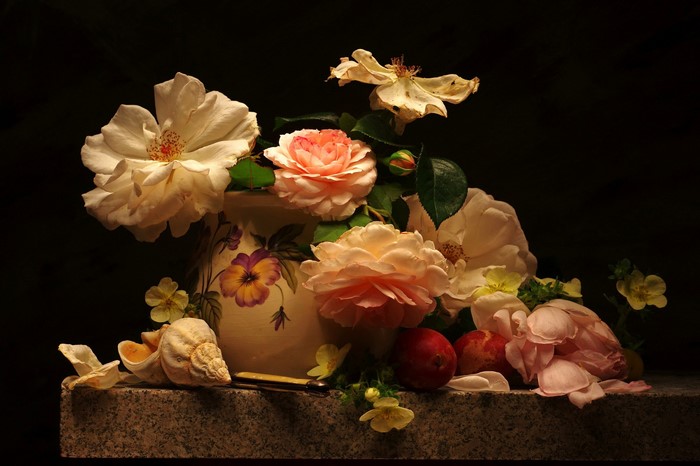 Still-life with roses, shells, plums, and vase