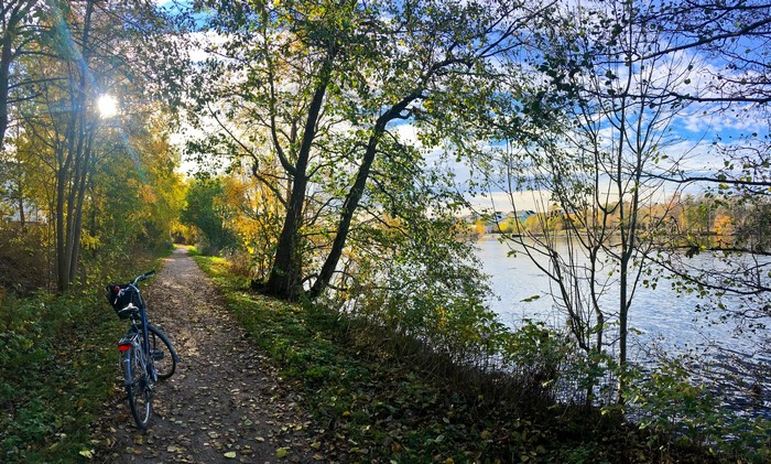 Bicycle on a trail by a river in autumn