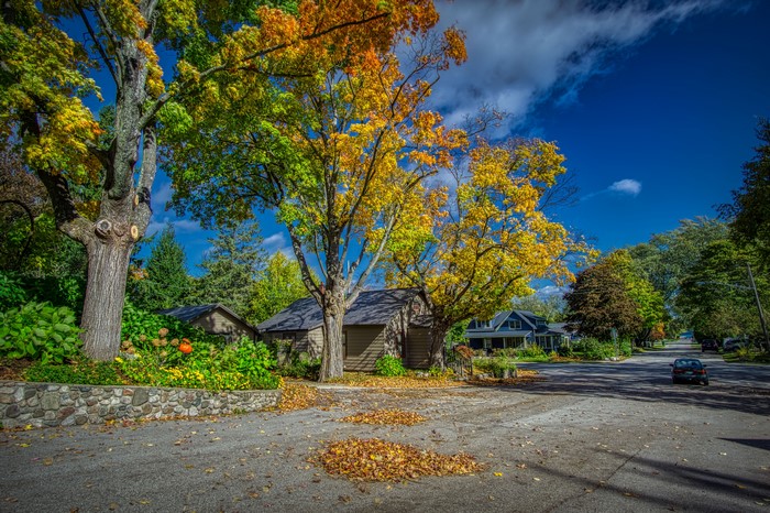 Autumn street scene in Northport, Michigan with colorful foliage