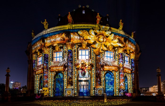 Bode Museum illuminated at night in Berlin, Germany