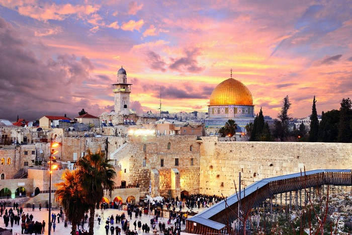 Jerusalem, Israel at sunset with Dome of the Rock and Western Wall