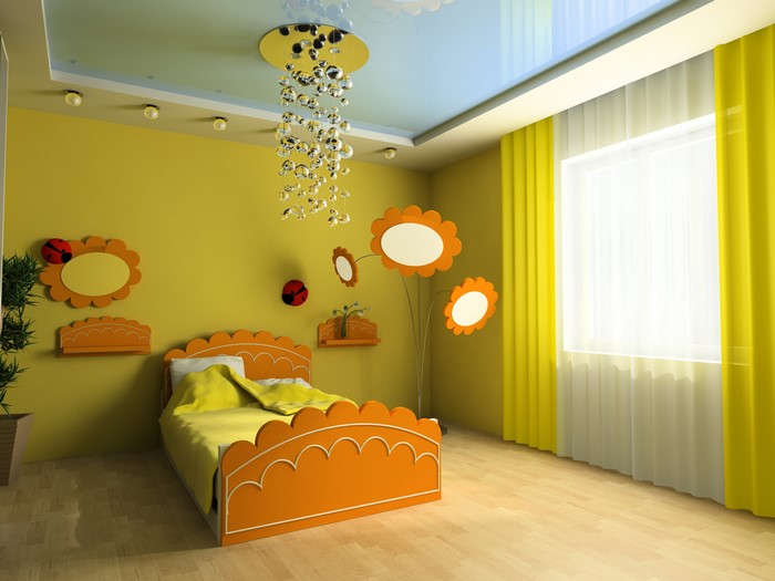 Children's room interior design with bed and chandelier