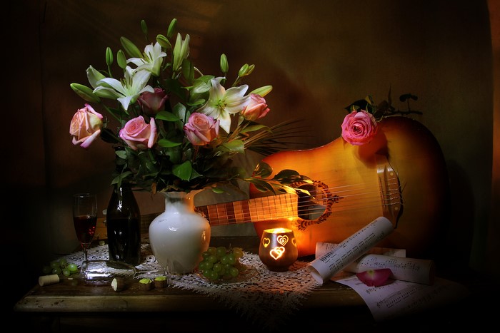 Still-life with roses, lilies, guitar, and wine