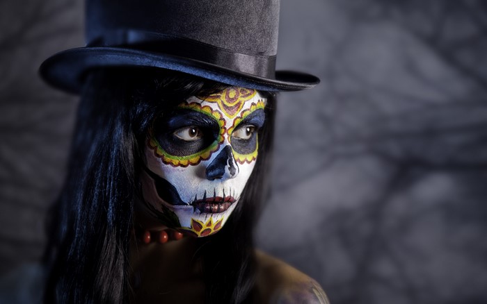 Woman with Sugar Skull Makeup and Top Hat