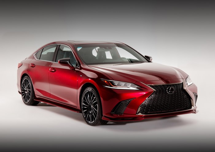 Red 2019 Lexus ES 350 F SPORT on gray background